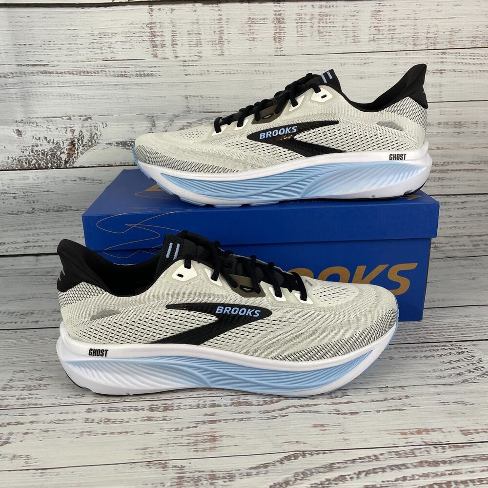 Brooks Ghost 18 Mens Sz 14 Running Shoes White Black Open Air Blue